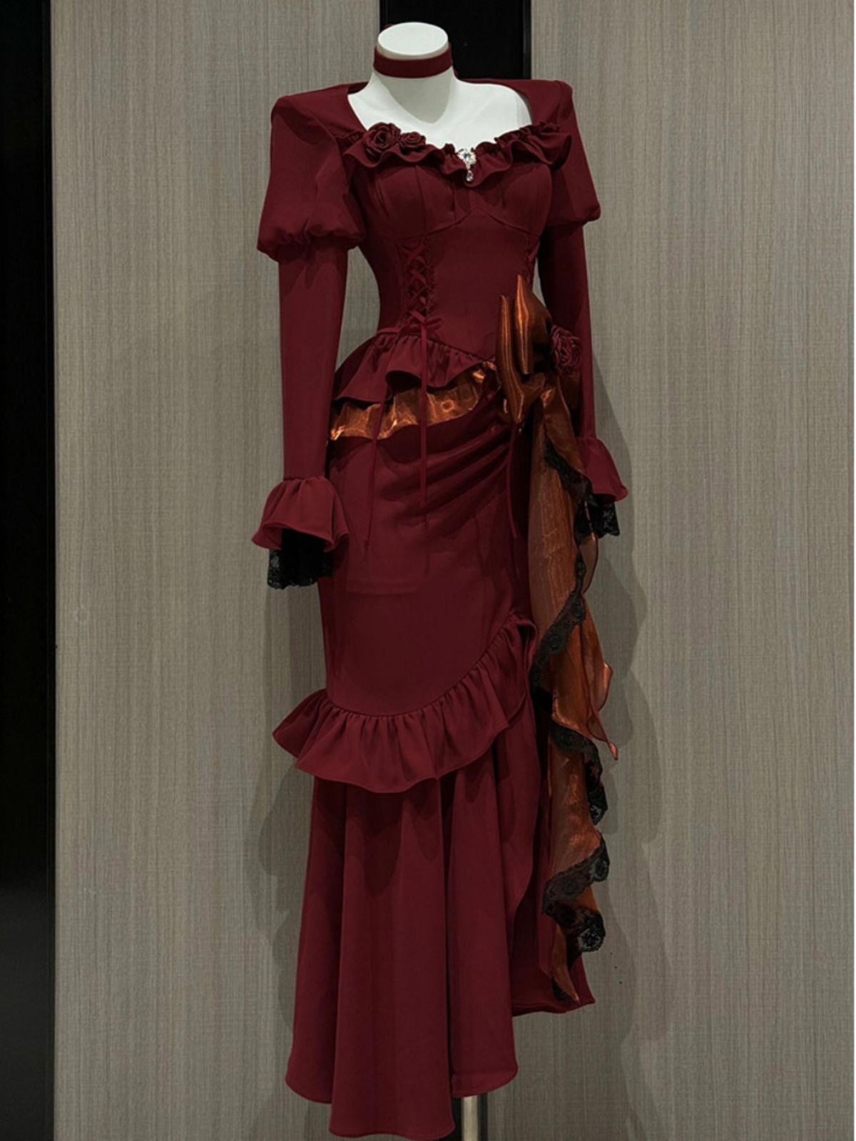 Women'S Red Formal Wear - Wiosenna czerwona sukienka vintage damska koronkowa