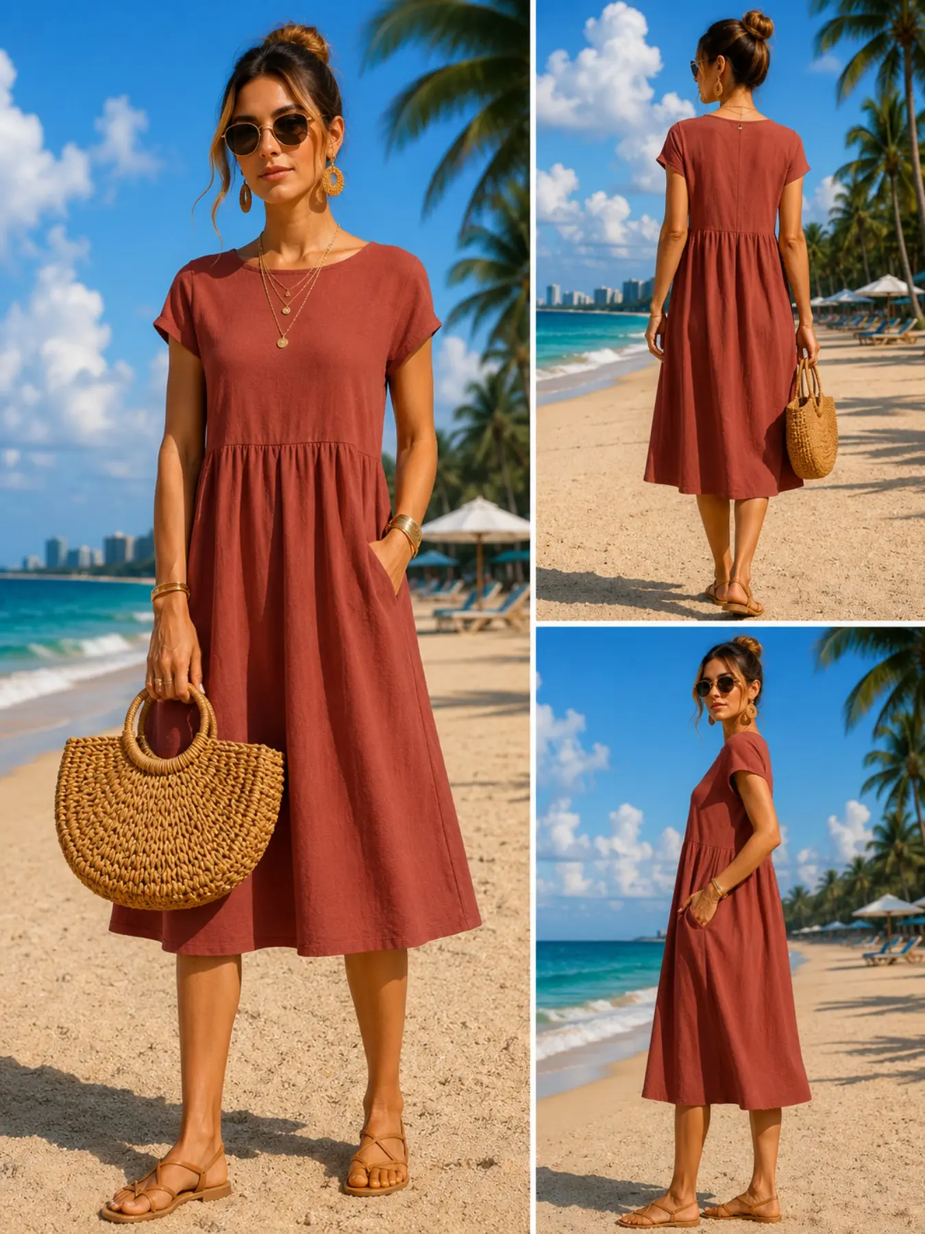 Midi Dress - Damska, swobodna sukienka midi z kieszeniami,